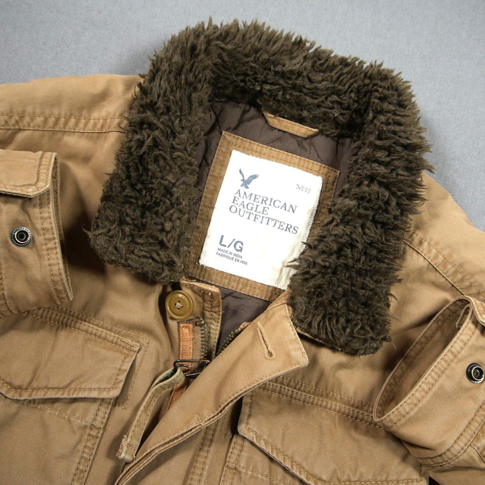Y2K Faux Fur Collar Quilted Canvas American Eagle Men Jacket L Trucker Barn